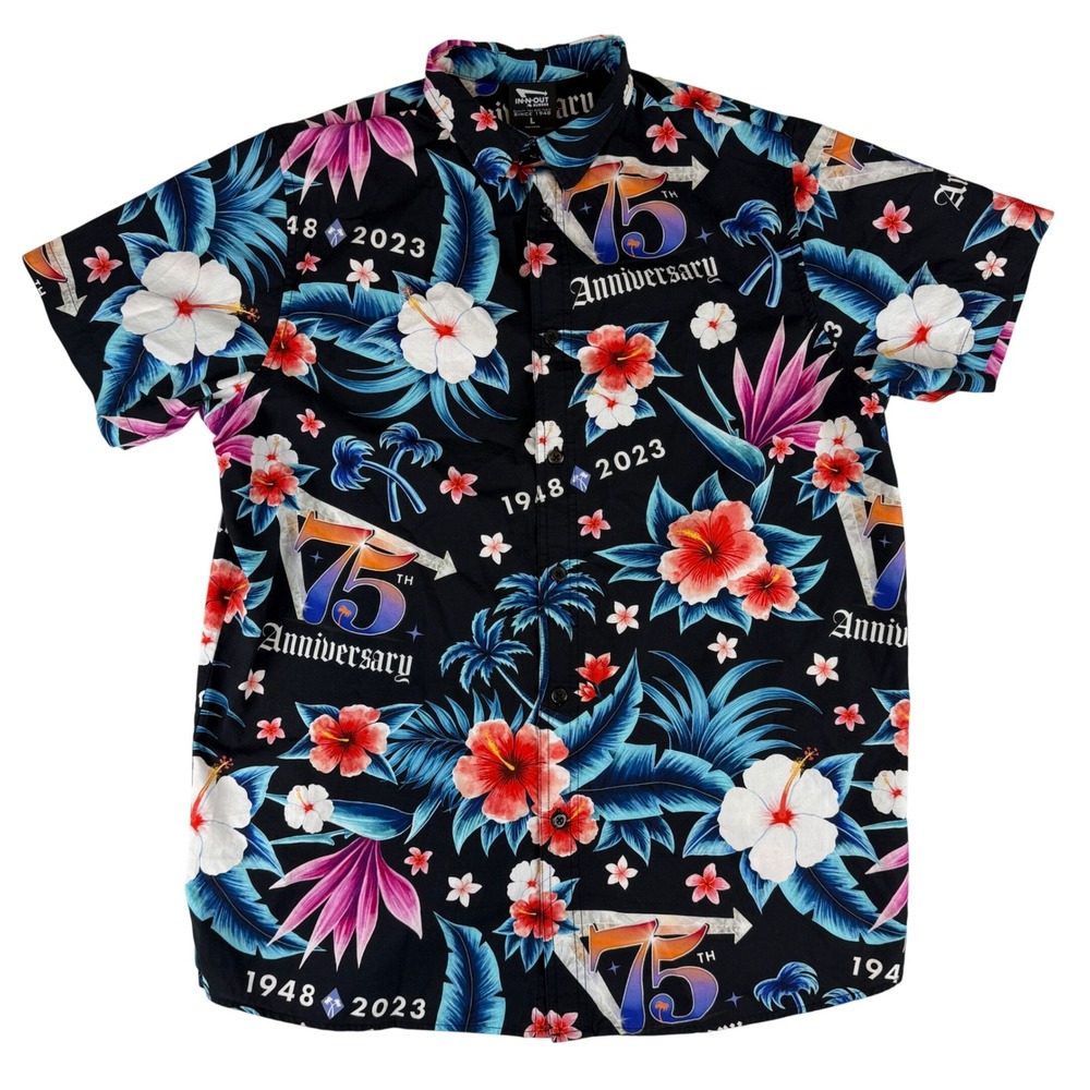 In-N-Out Burger 75th Anniversary Shirt Mens Large‎ Black Tropical Aloha Floral